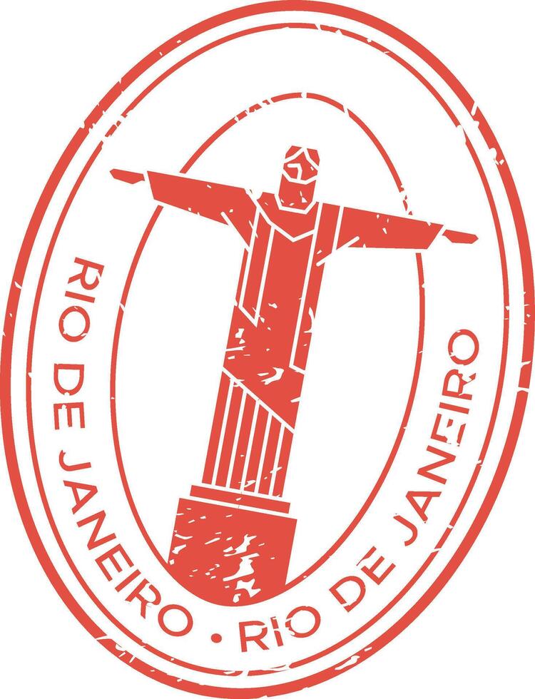 Oval red stamp featuring christ the redeemer with outstretched arms, a prominent landmark in rio de janeiro, brazil, evoking travel and tourism vector