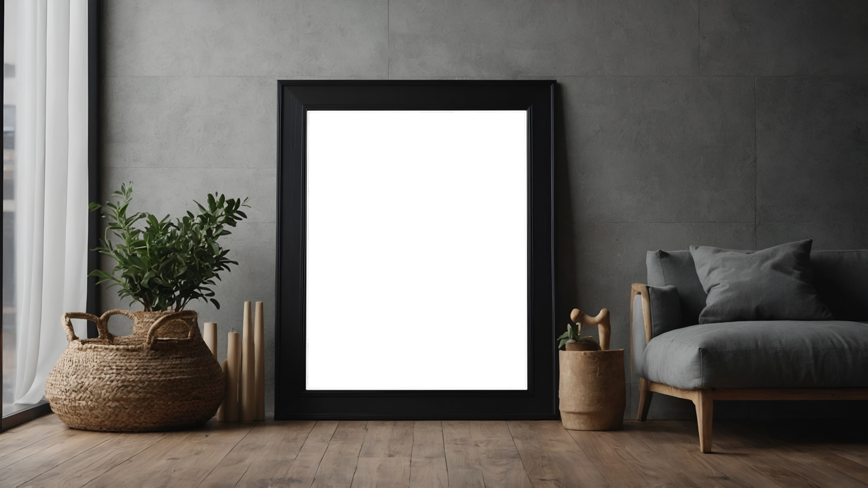 Black frame mock up in a living room with grey sofa and potted plant png