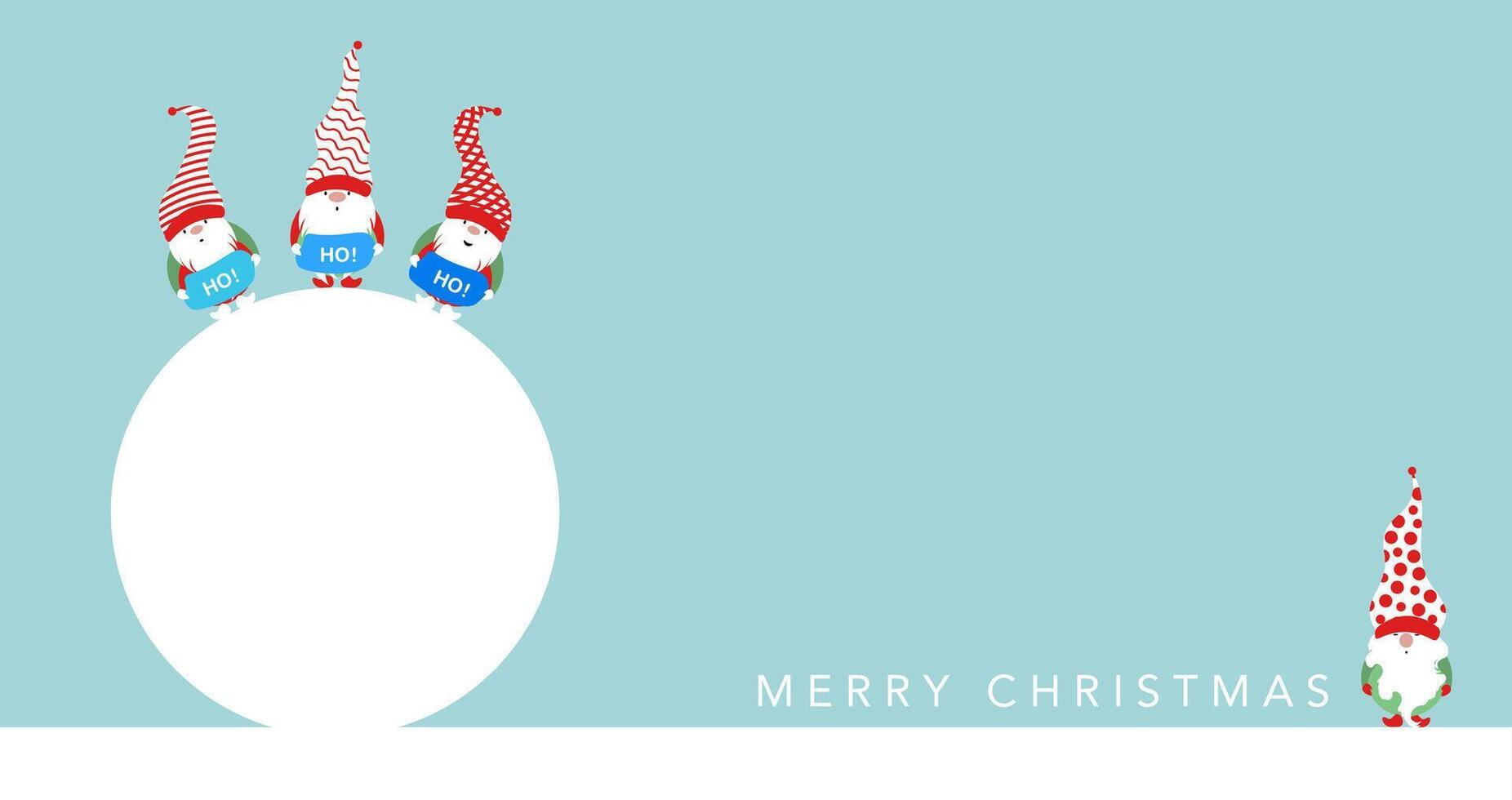 Festive Christmas banner with big snowball and set Scandinavian nordic gnome, cute Christmas Santa Gnomes, Ho Ho Ho Elf. Blue background with copy space. card Xmas elements design vector