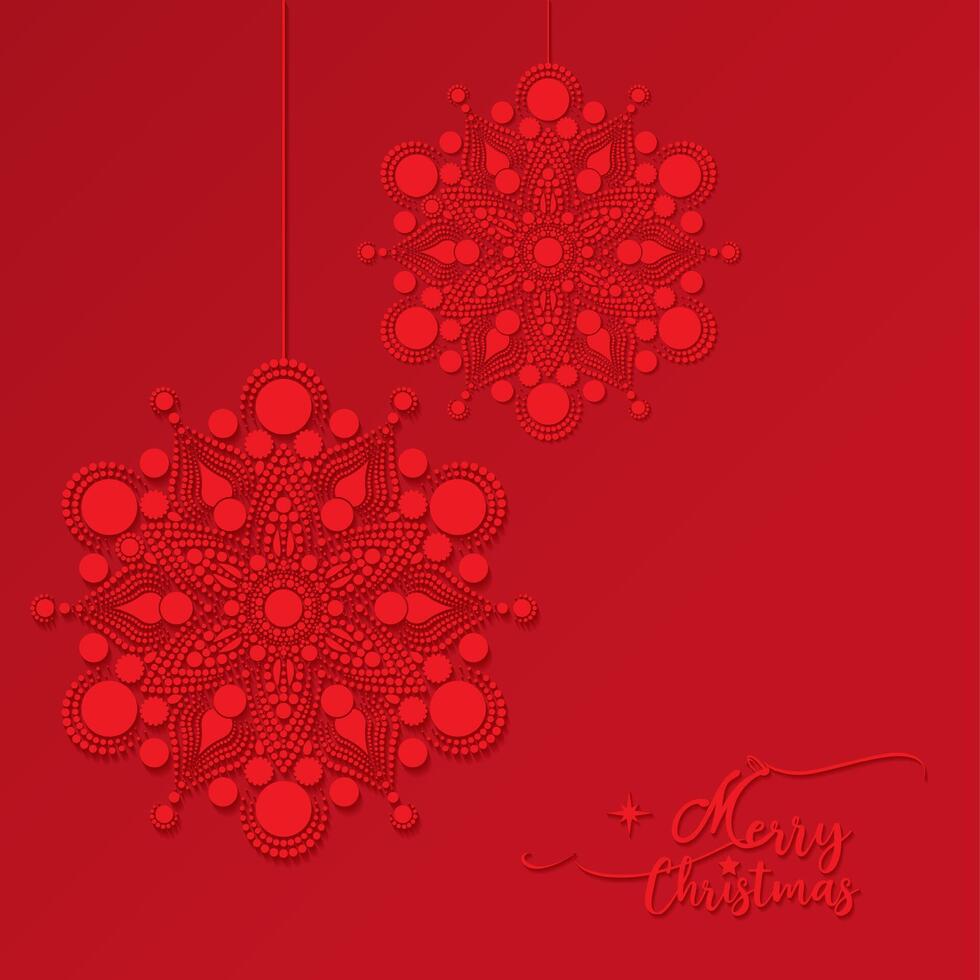 Merry Christmas snowflakes pattern with copy space. Holiday red background with beautiful flowers starry balls, gif card celebration, happy new year, square festive banner vector