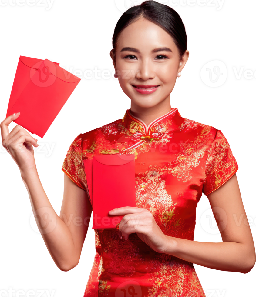 A beautiful Chinese woman wearing the red Cheongsam hand-holding a Red envelope png