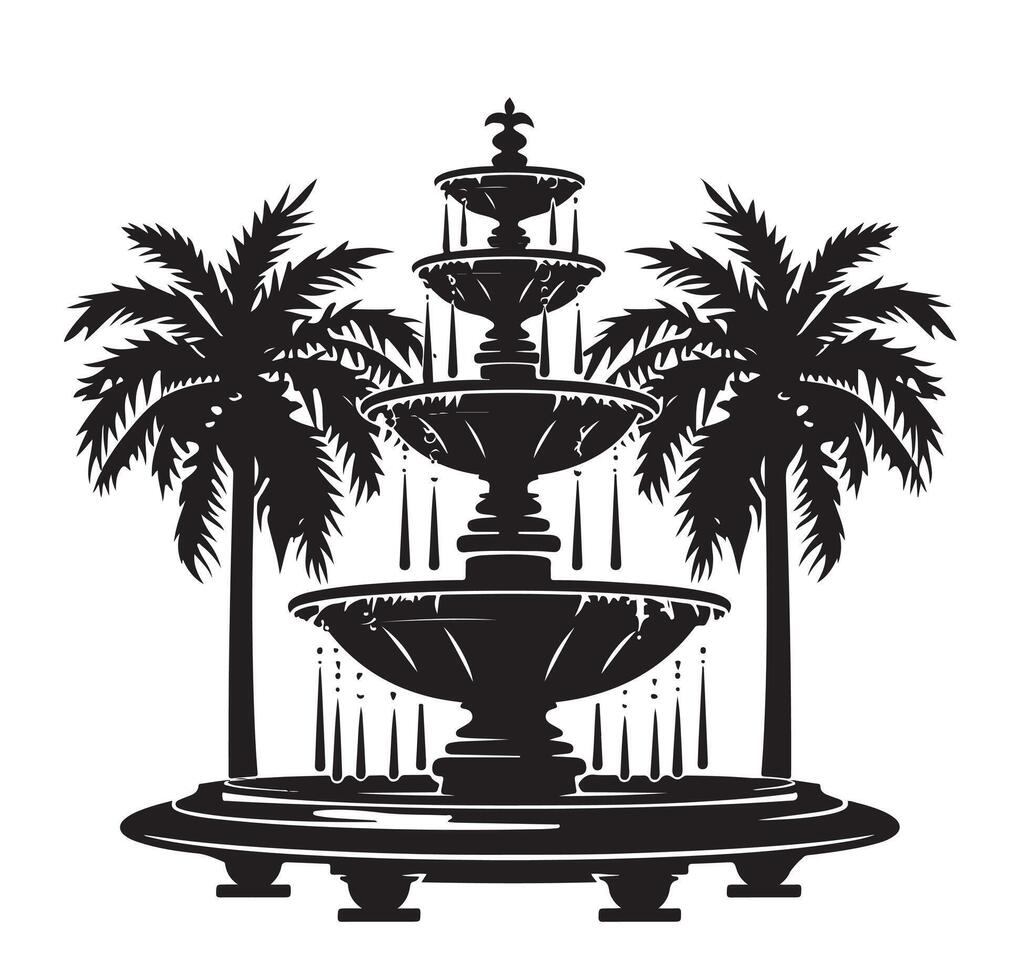 A black and white illustration of a fountain with palm trees vector