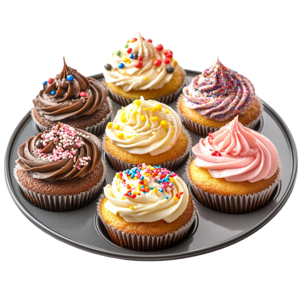 A plate with six cupcakes on it png