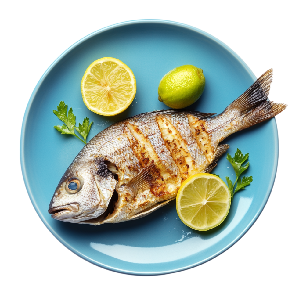 Grilled fish with lemon and parsley on a blue plate png