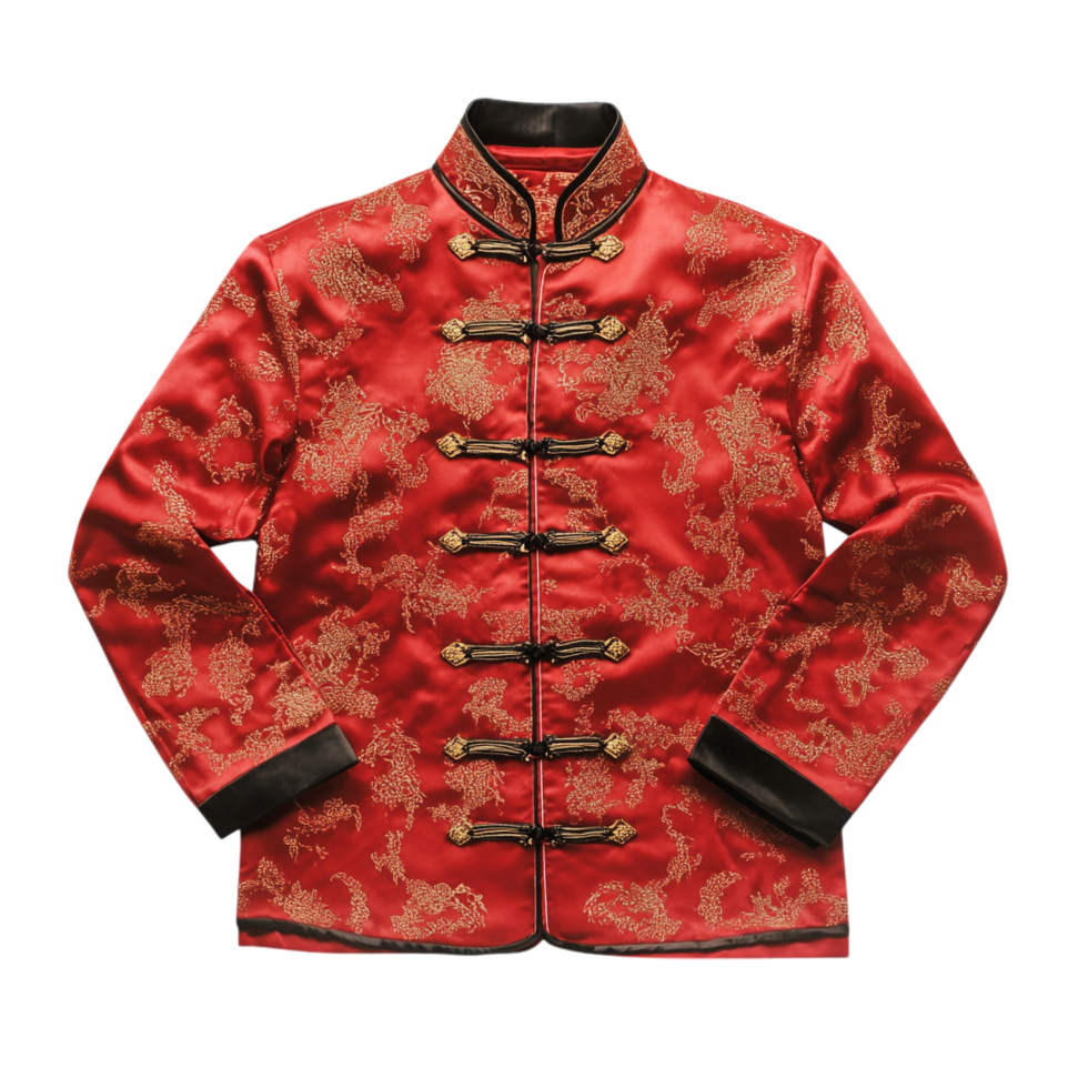 A red chinese jacket with gold and black embroidery png