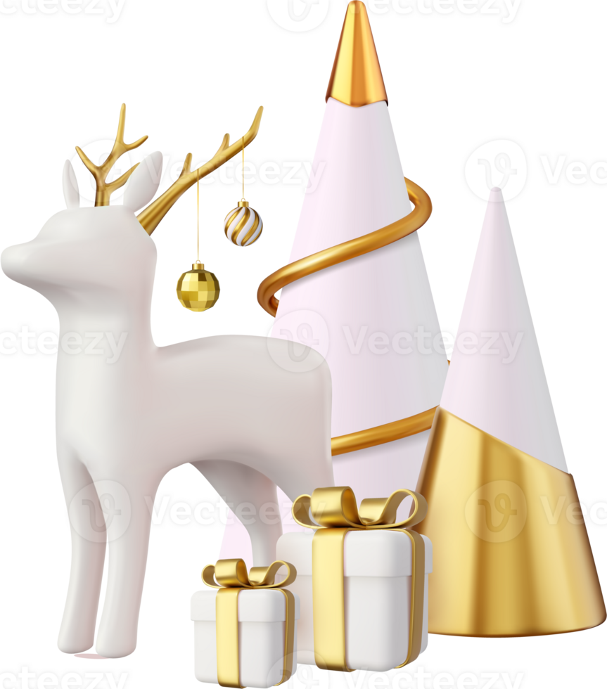 3d Christmas tree, snowballs,deer and gifts boxes. png
