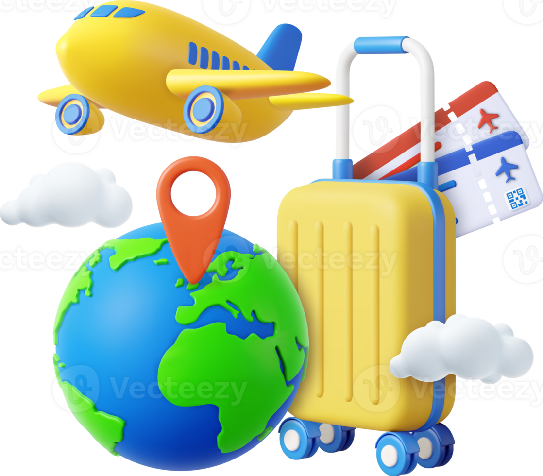 3d Airline Ticket, Travel Bag, Globe and Airplane. png