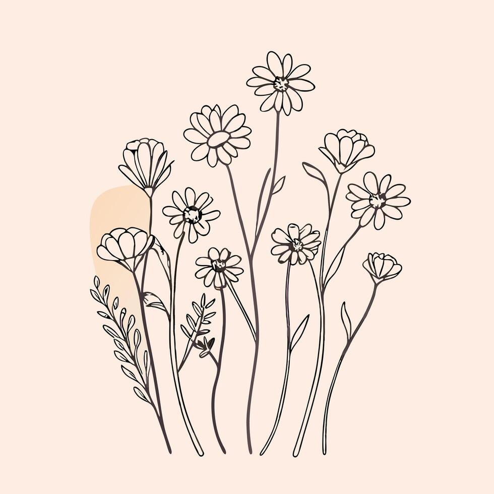 Flowers in a line drawing on a light pink background vector