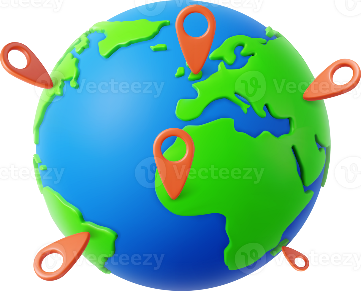 3d Planet and map pins icon. png