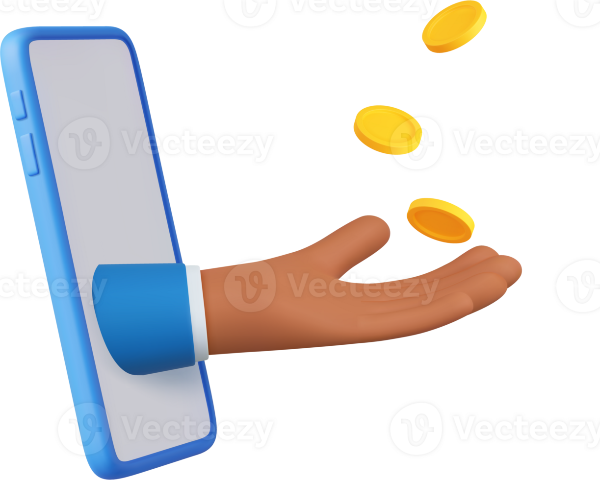 3d hand with coins flying. png
