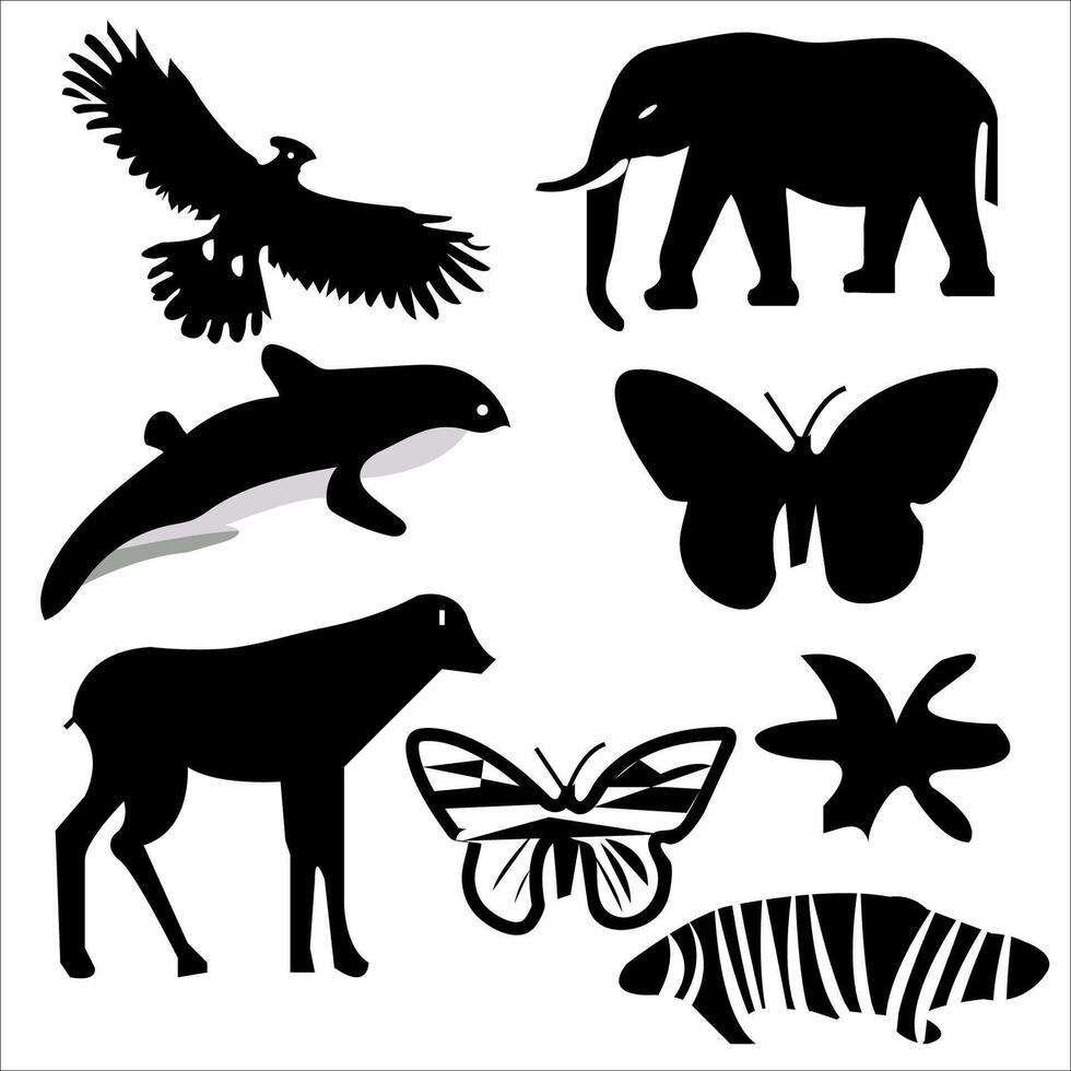 Eagle, elephant, doe, lion butterfly and animal silhouette flying shadow animal art design. vector