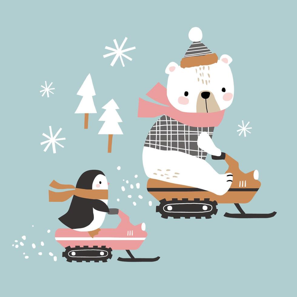 Cute hand drawn polar bear and penguin on snowmobile. Perfect for tee shirt logo, greeting card, poster, invitation or nursery print design. vector
