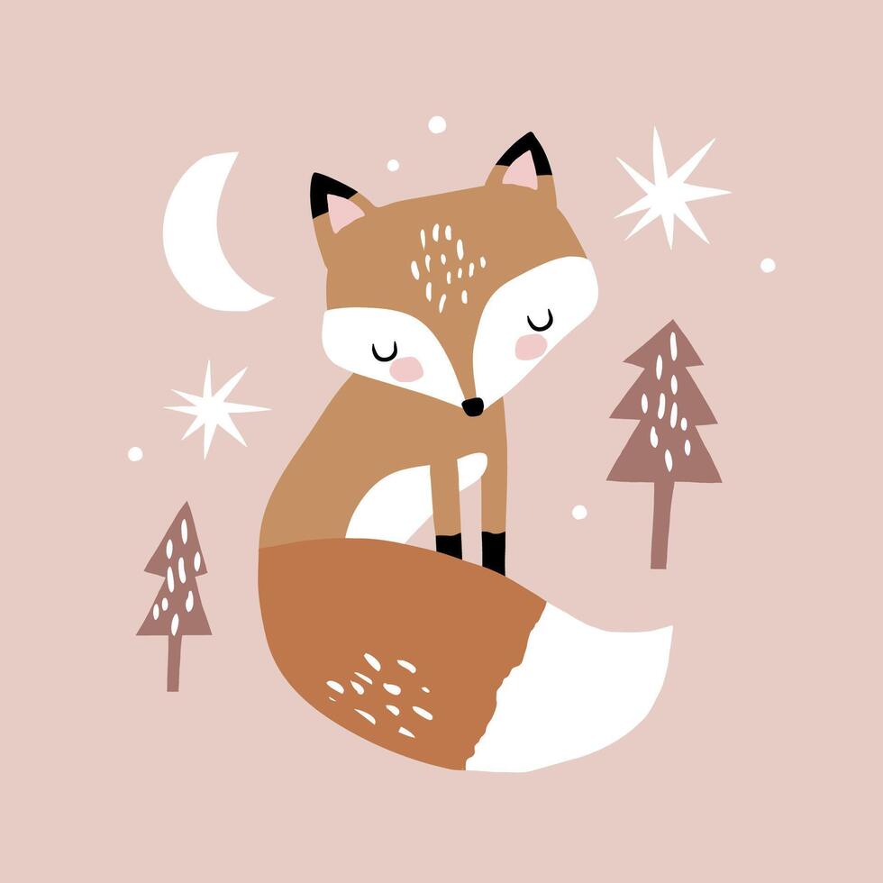 Cute sleeping hand drawn fox with trees and moon. Perfect for tee shirt logo, greeting card, poster, invitation or nursery print design. vector