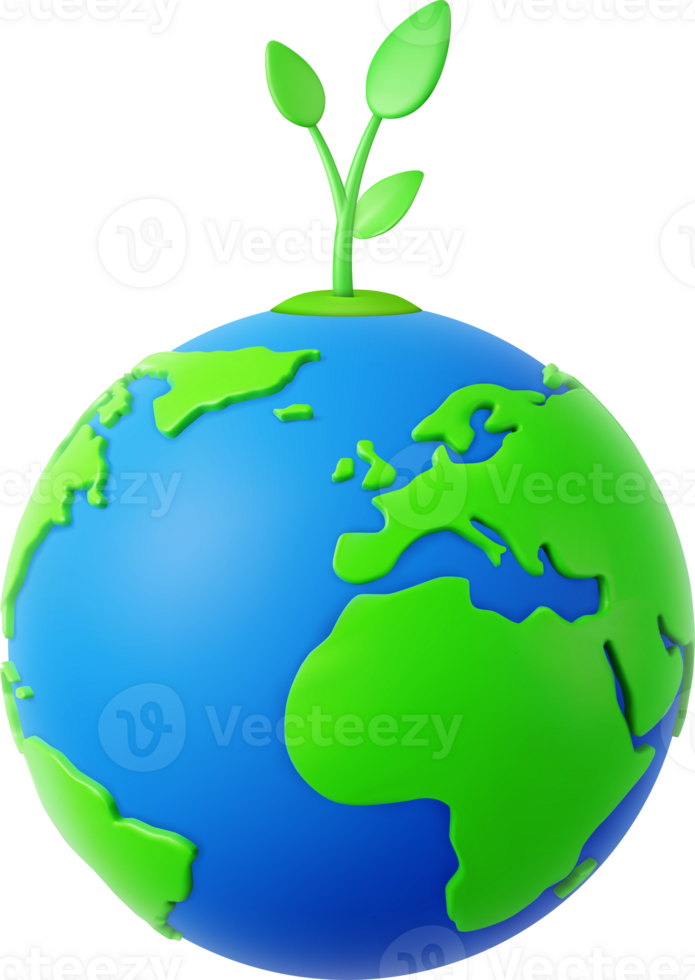 3d planet Earth with green sprout and leaves png
