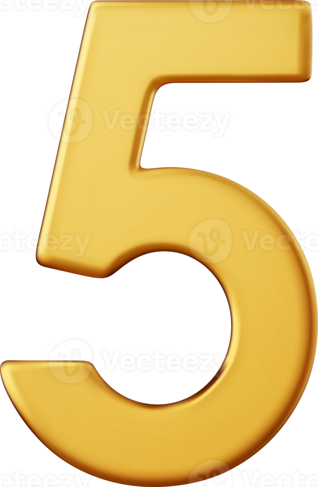 3d Number 5. five Number sign gold color. png