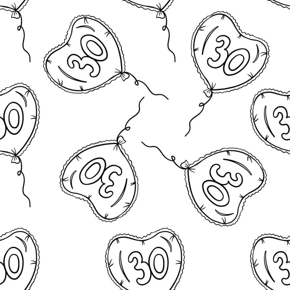 Seamless pattern of balloon in shape of heart with number thirty in center in outline style vector