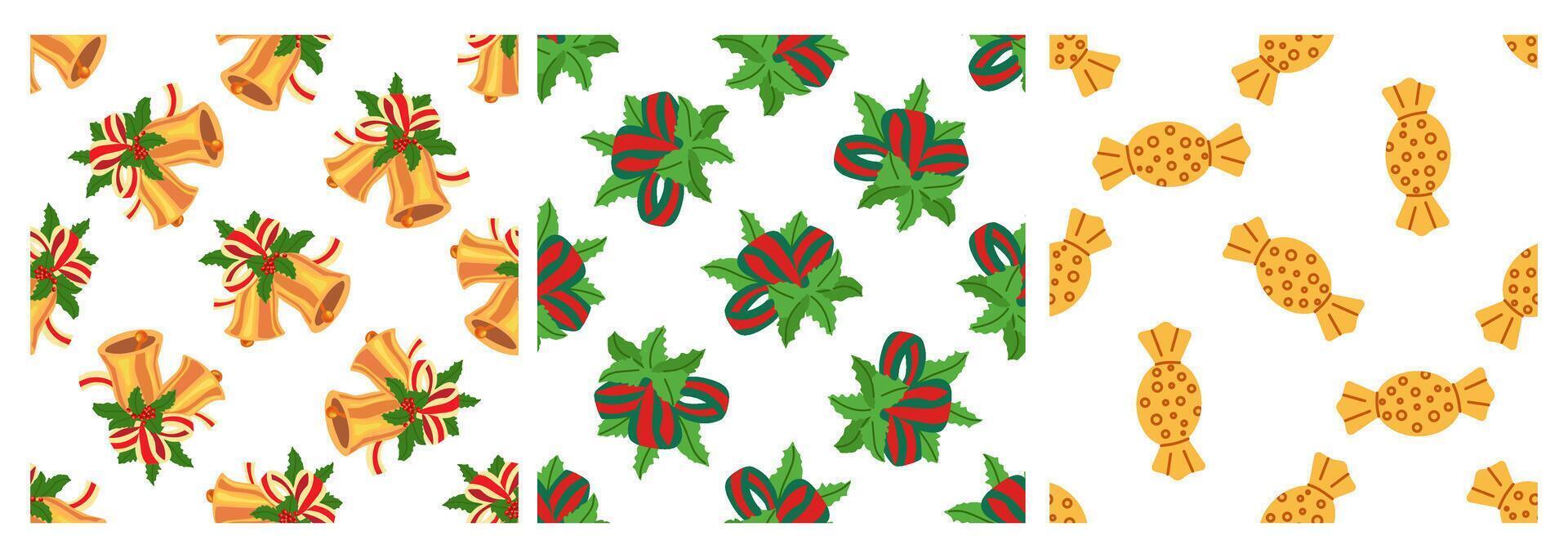 Seamless patterns with Christmas bells, bows, and candies vector