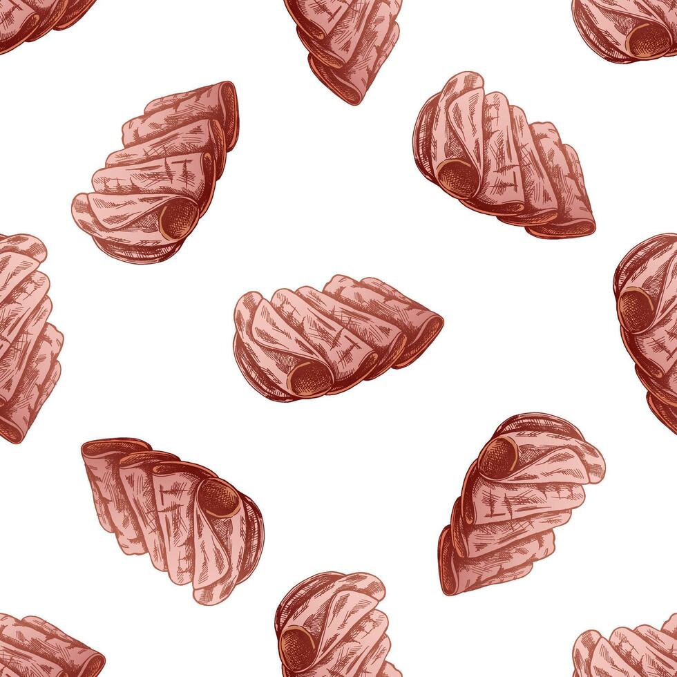 Rustic Hand-Drawn Meat Pattern. Bacon, Ham, and Hamon Sketch for Butcher Shops vector