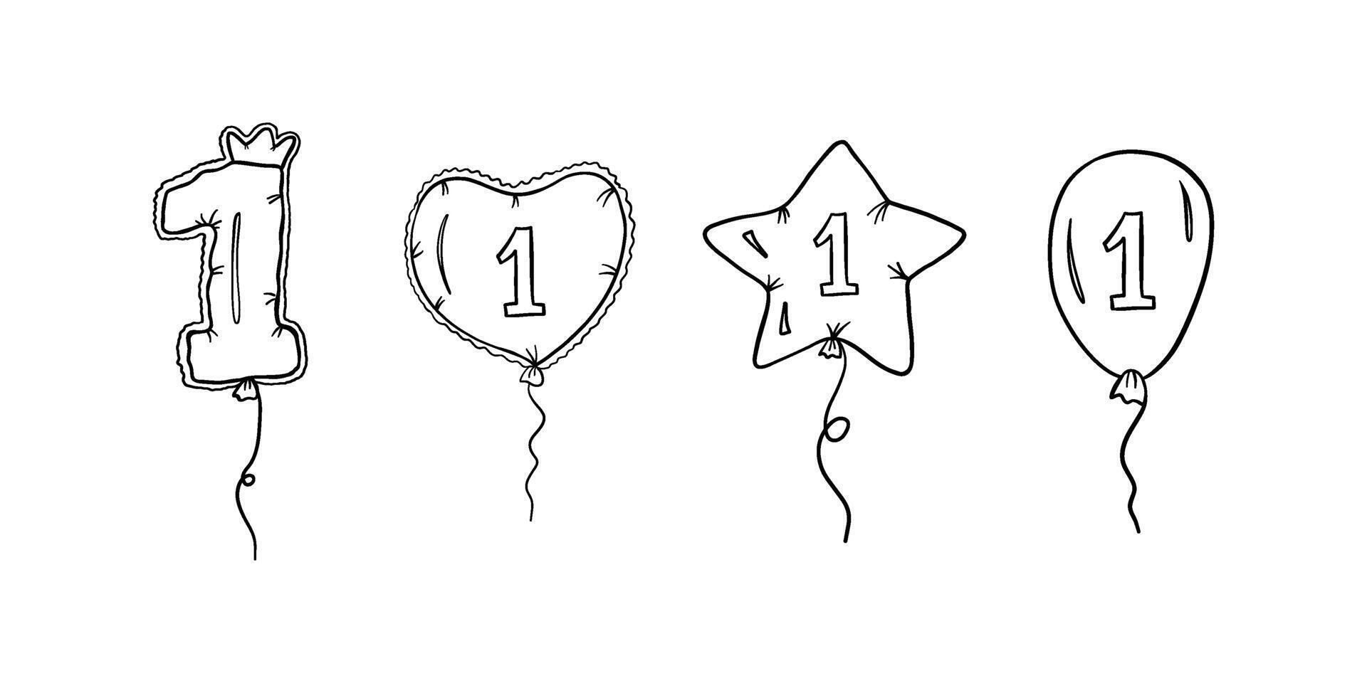 Balloons with number 1 in different shapes in outline style vector