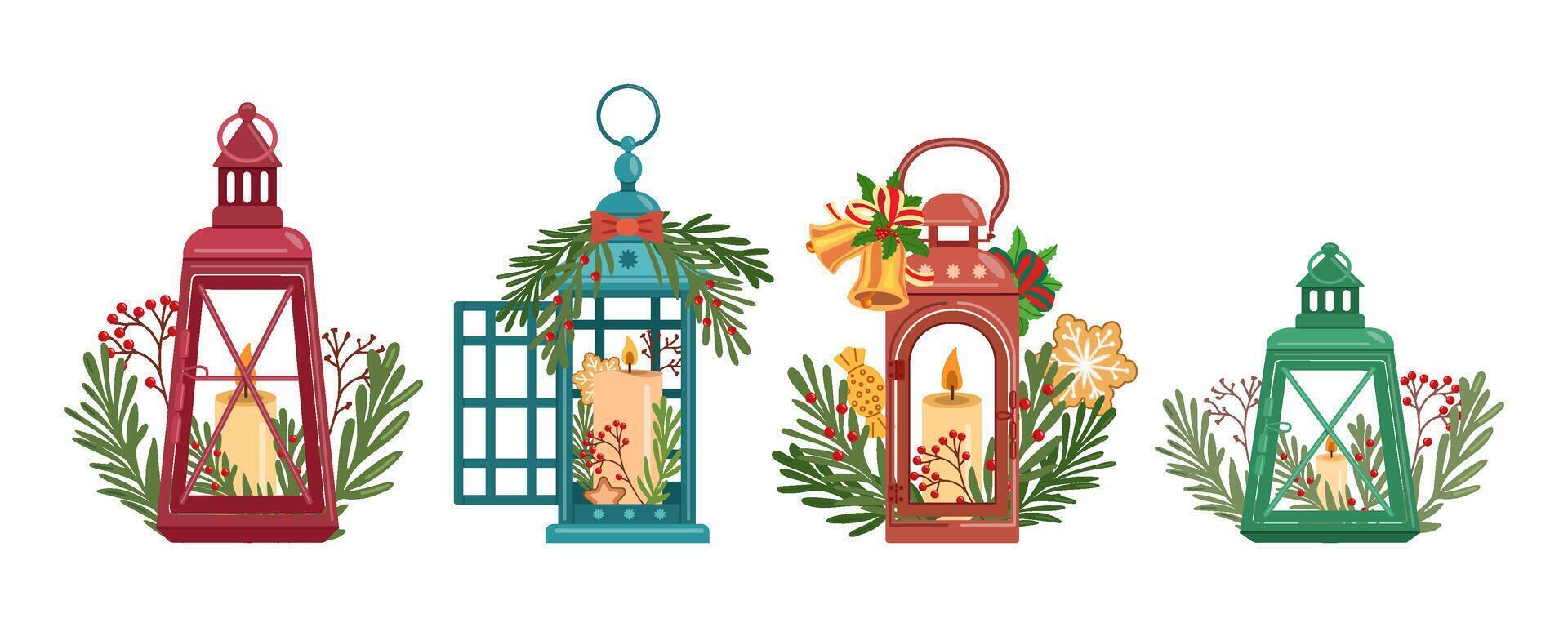 Christmas lanterns with candles and festive decorations in flat style vector
