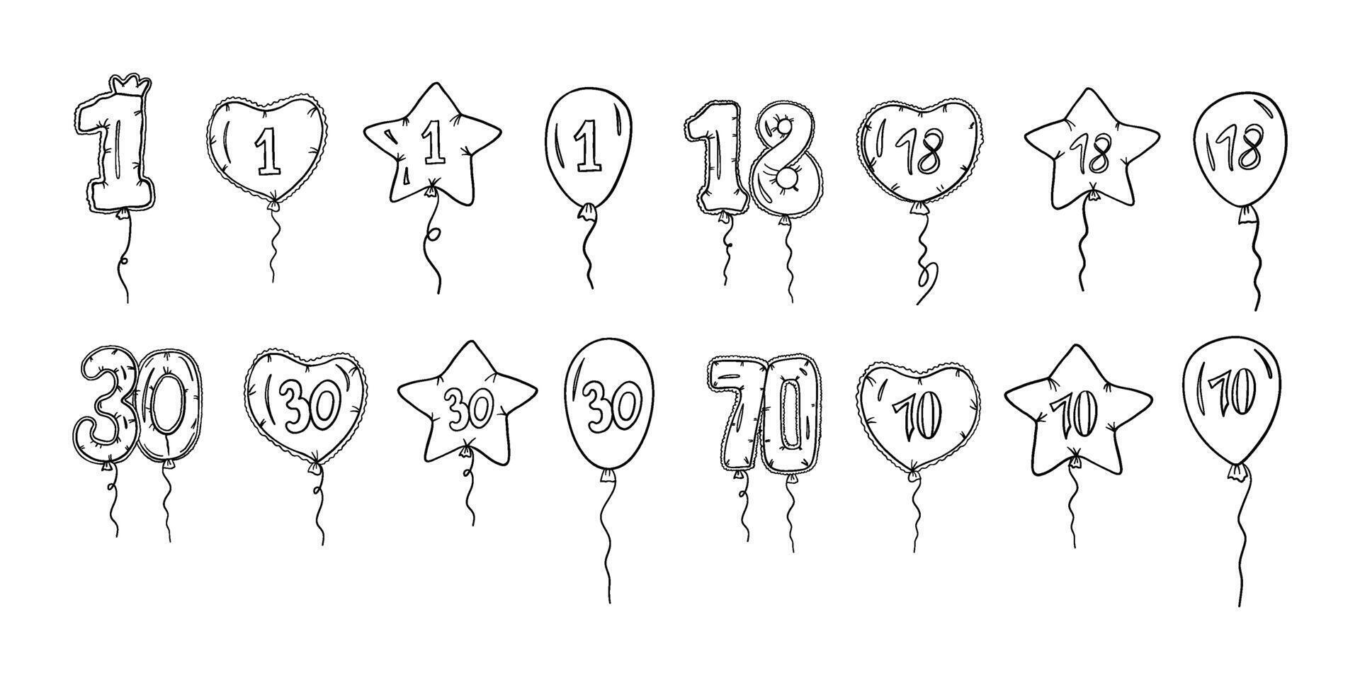 Balloons with numbers 1, 18, 30, 70 in different shapes in outline style vector