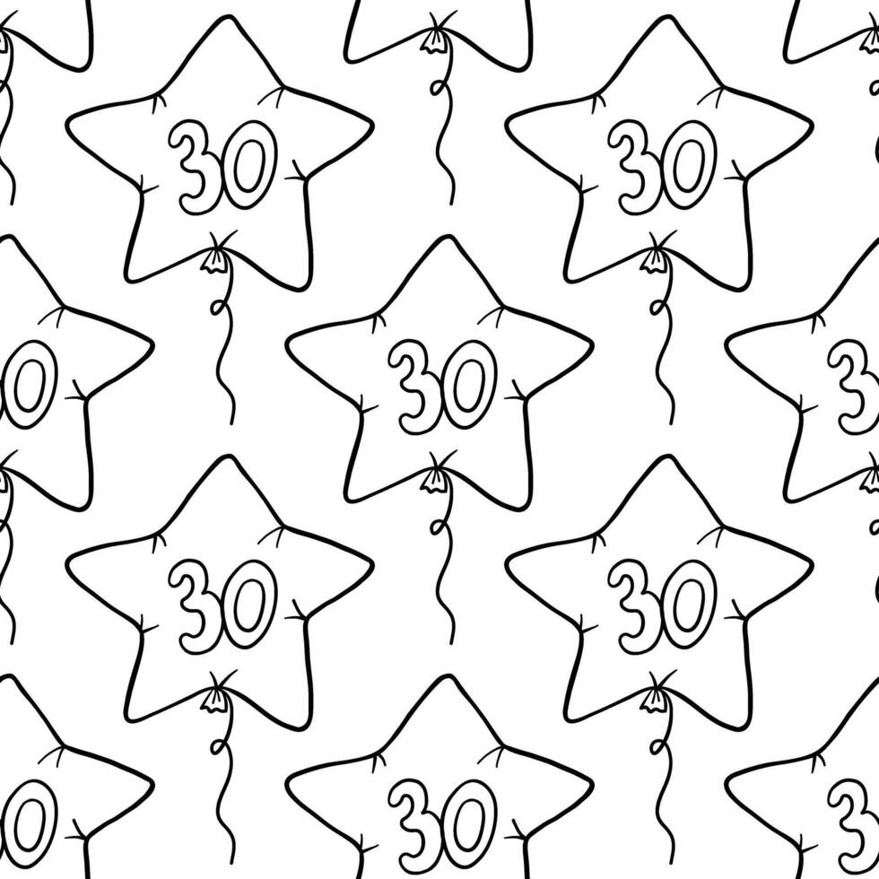 Seamless pattern of balloon in shape of star with number thirty in center in outline style vector