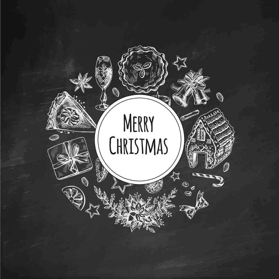 Christmas hand-drawn wreath and festive food sketch on chalkboard background vector