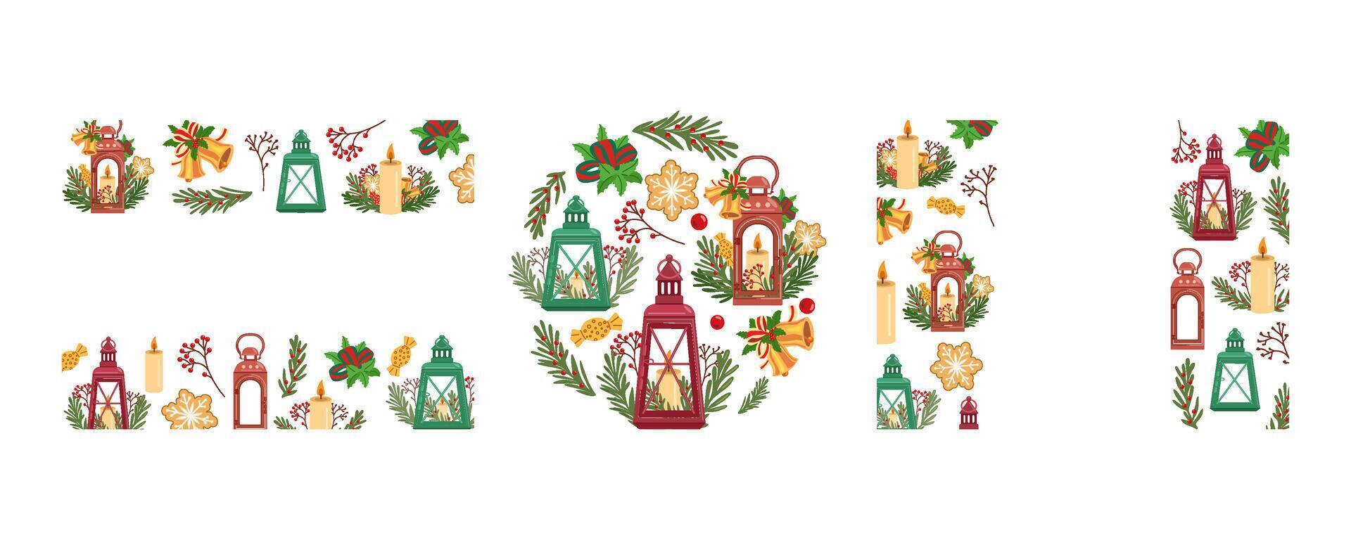 Christmas lantern composition with candles and decorations in flat style vector