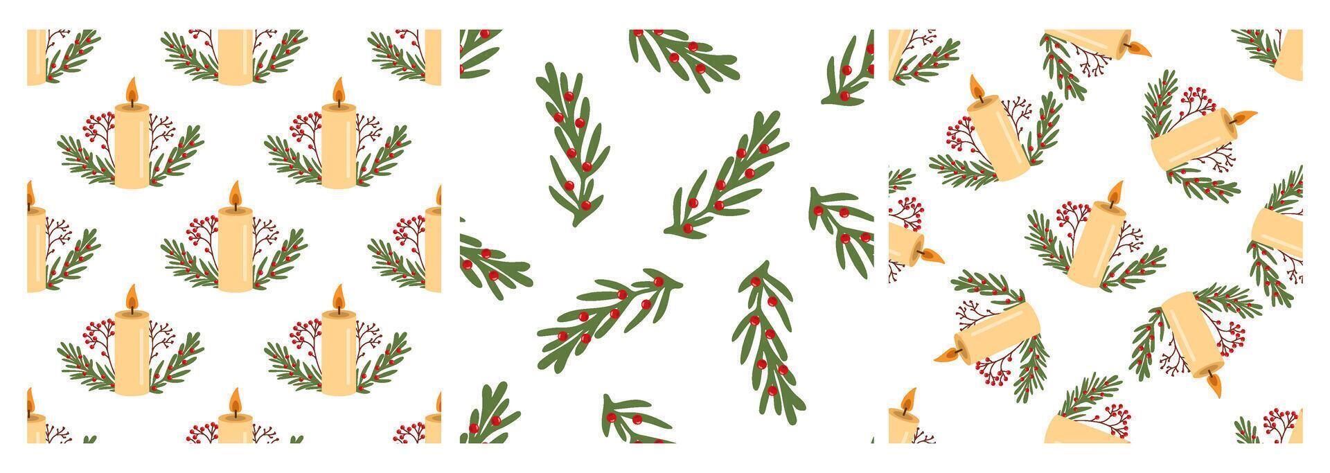 Seamless patterns with Christmas candles and greenery vector