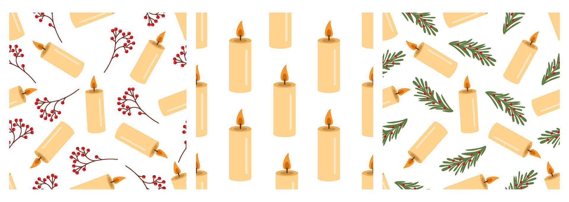 Seamless patterns with candles and Christmas greenery vector