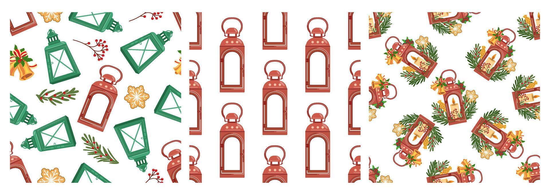 Christmas lantern seamless patterns with festive decorations vector