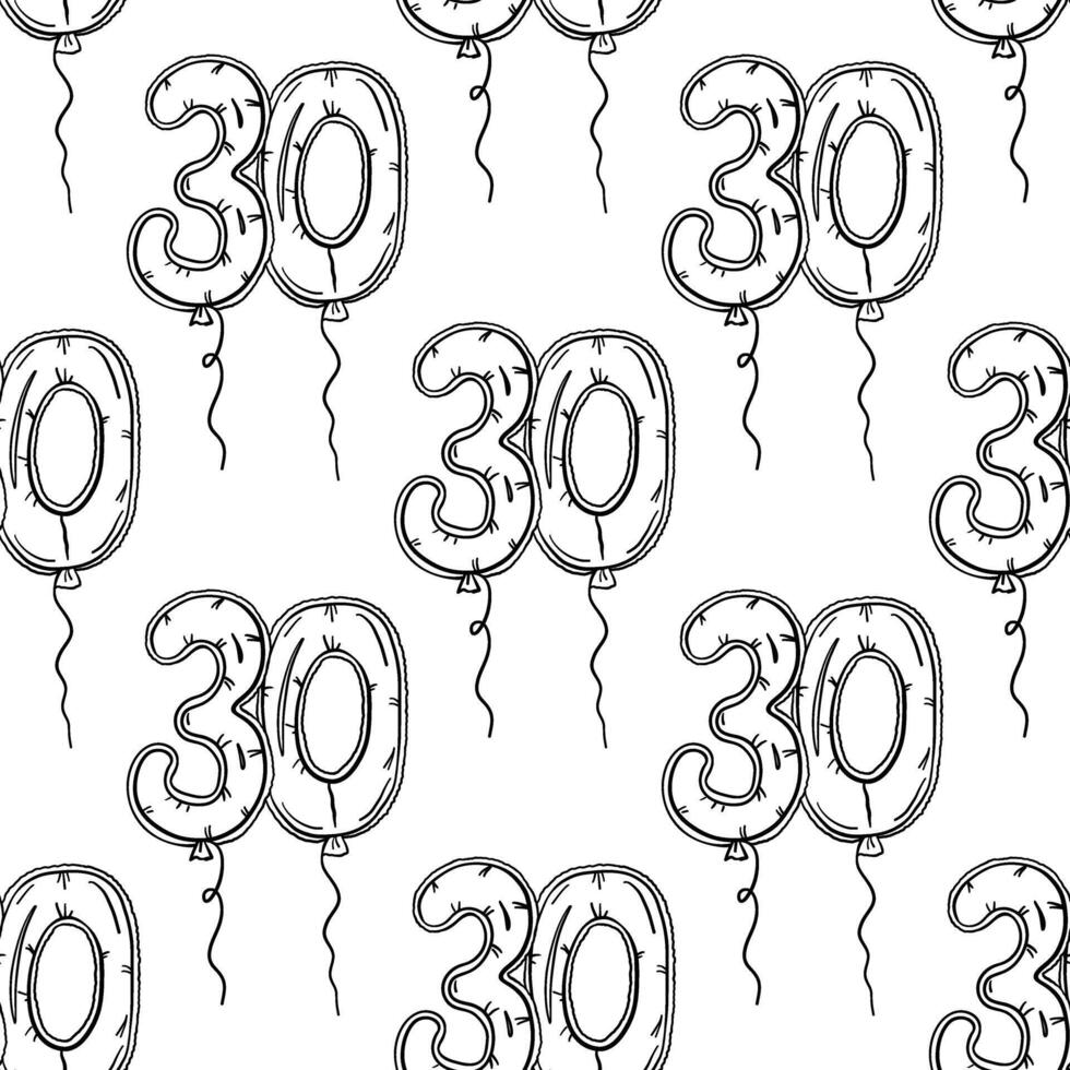 Seamless pattern of balloon in shape of number thirty in outline style vector