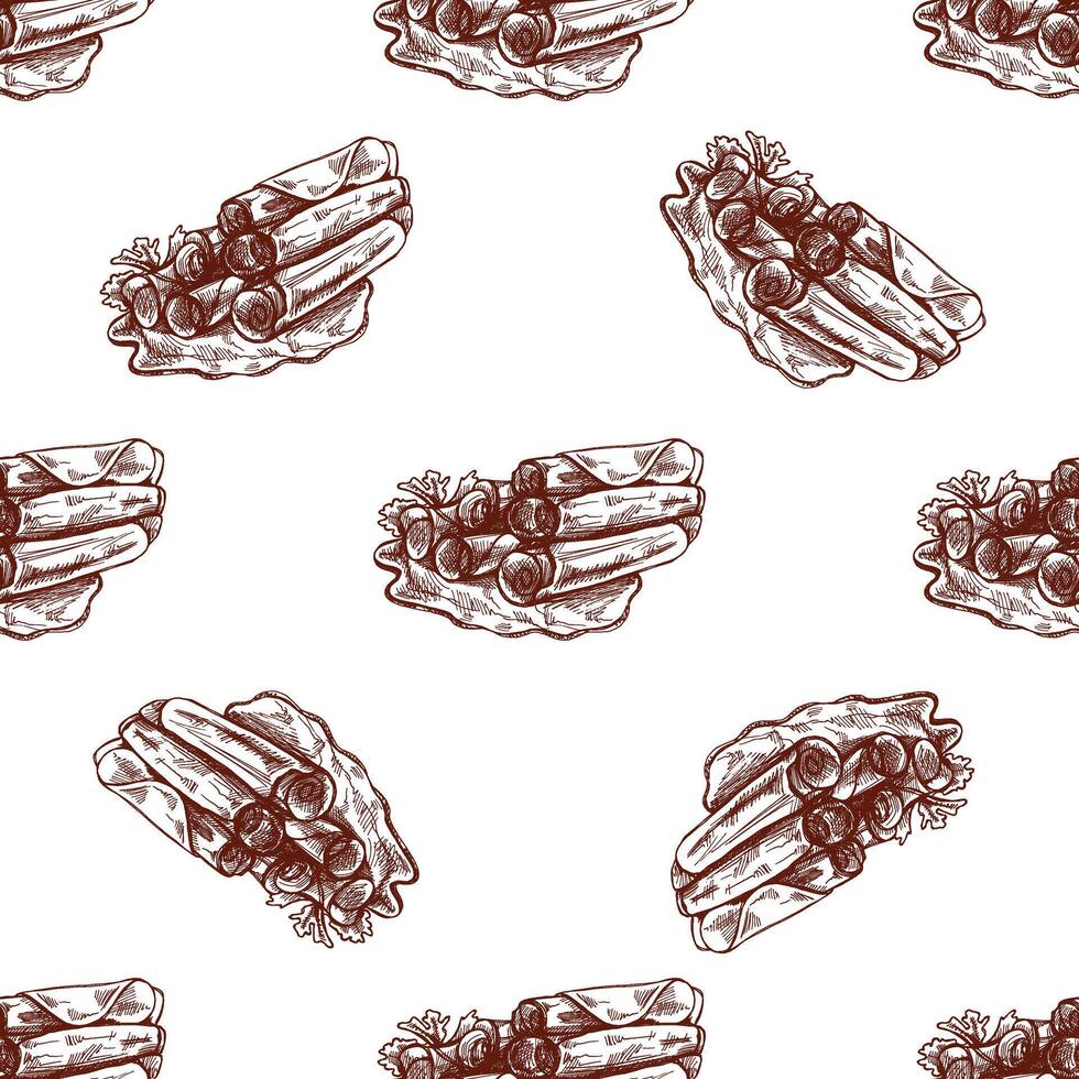 Hand-Drawn Seamless Pattern of Bacon and Prosciutto. Vintage Butcher Shop Style vector
