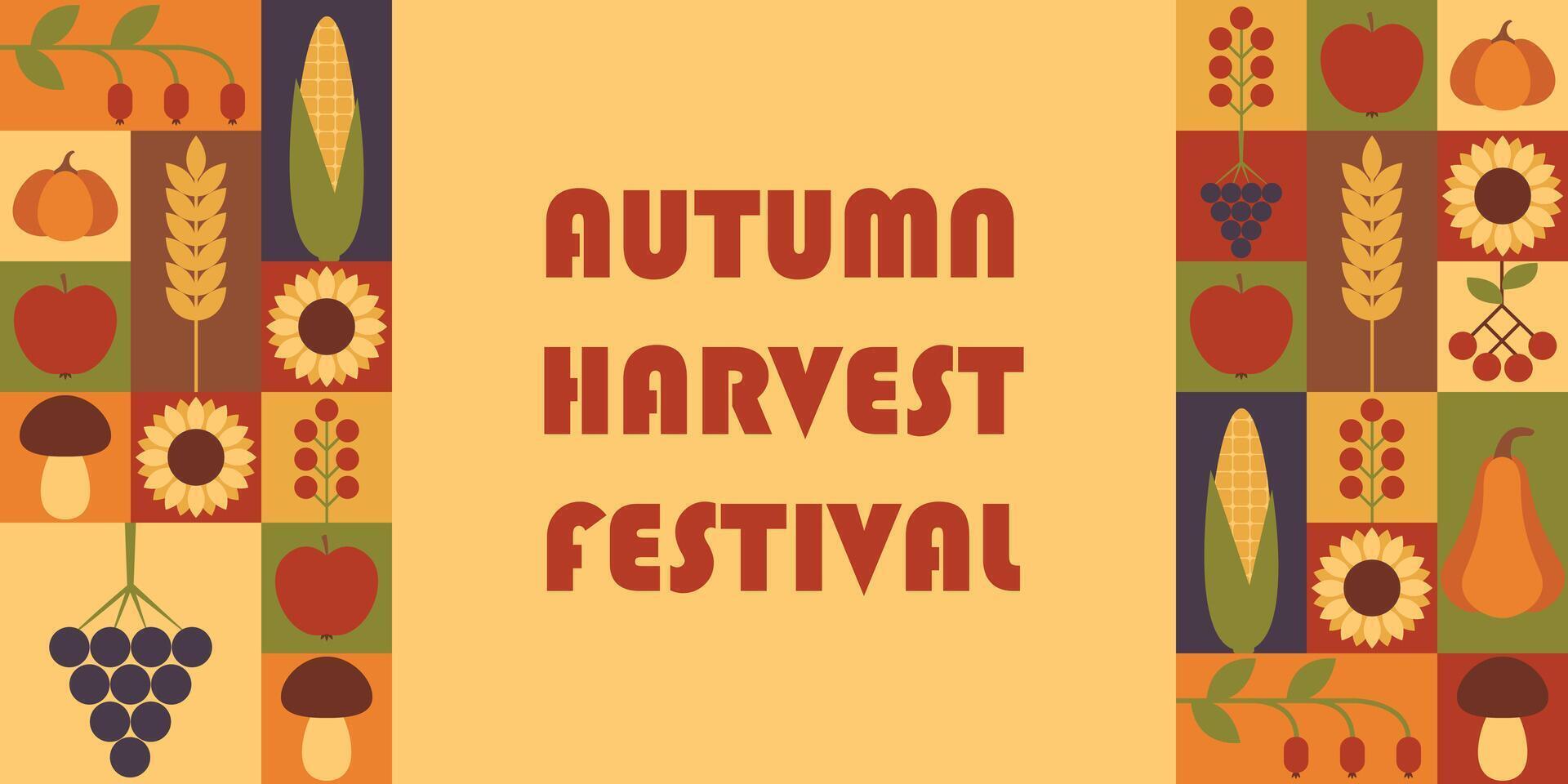 Autumn harvest festival. Holiday design. Template for banner, poster, background, greeting card with text inscription. illustration vector