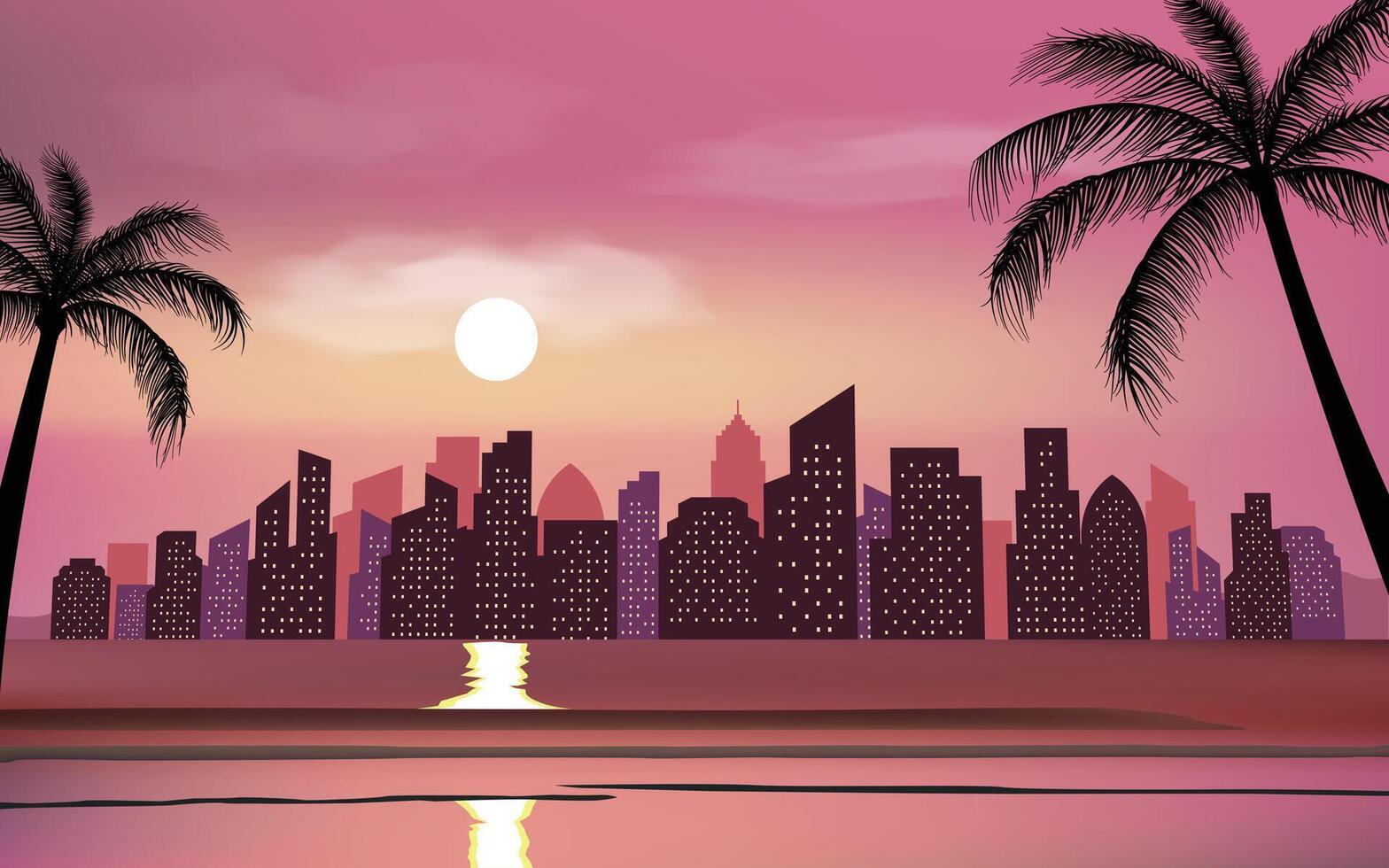 silhouette city skyline view with palm trees and beach background vector