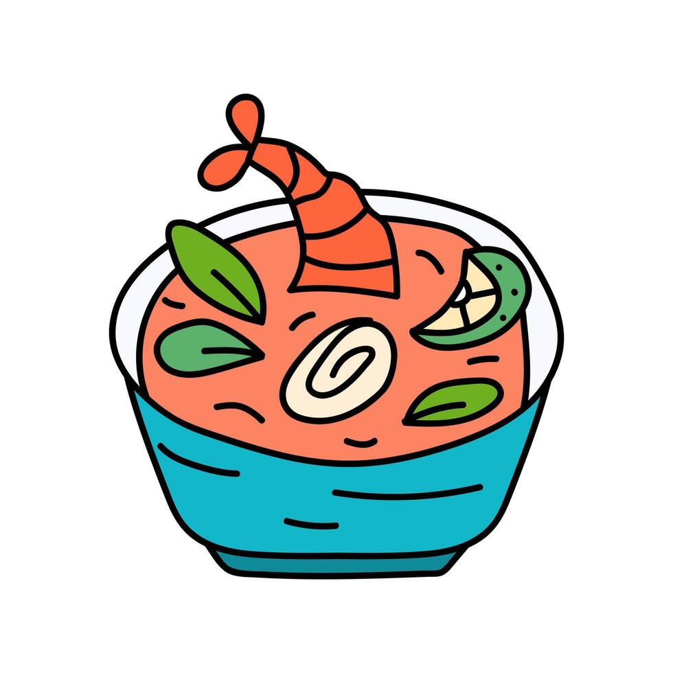 Tom yum Thai soup. hand drawn badge illustration. Concept for cafe, restaurant. vector
