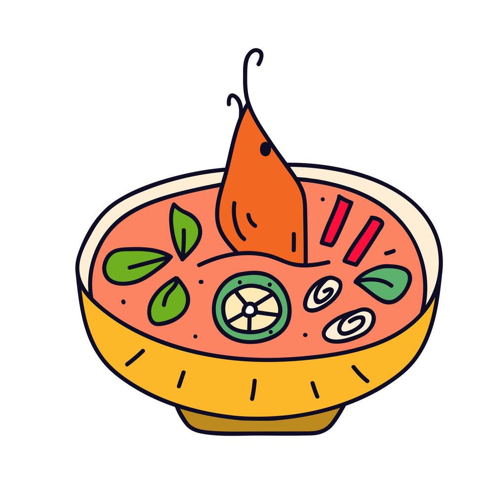 Hot Thai soup - Tom yum. hand drawn illustration. vector