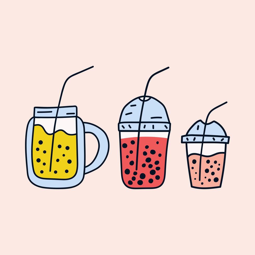 Three different bubble tea. Hand drawn illustration. vector