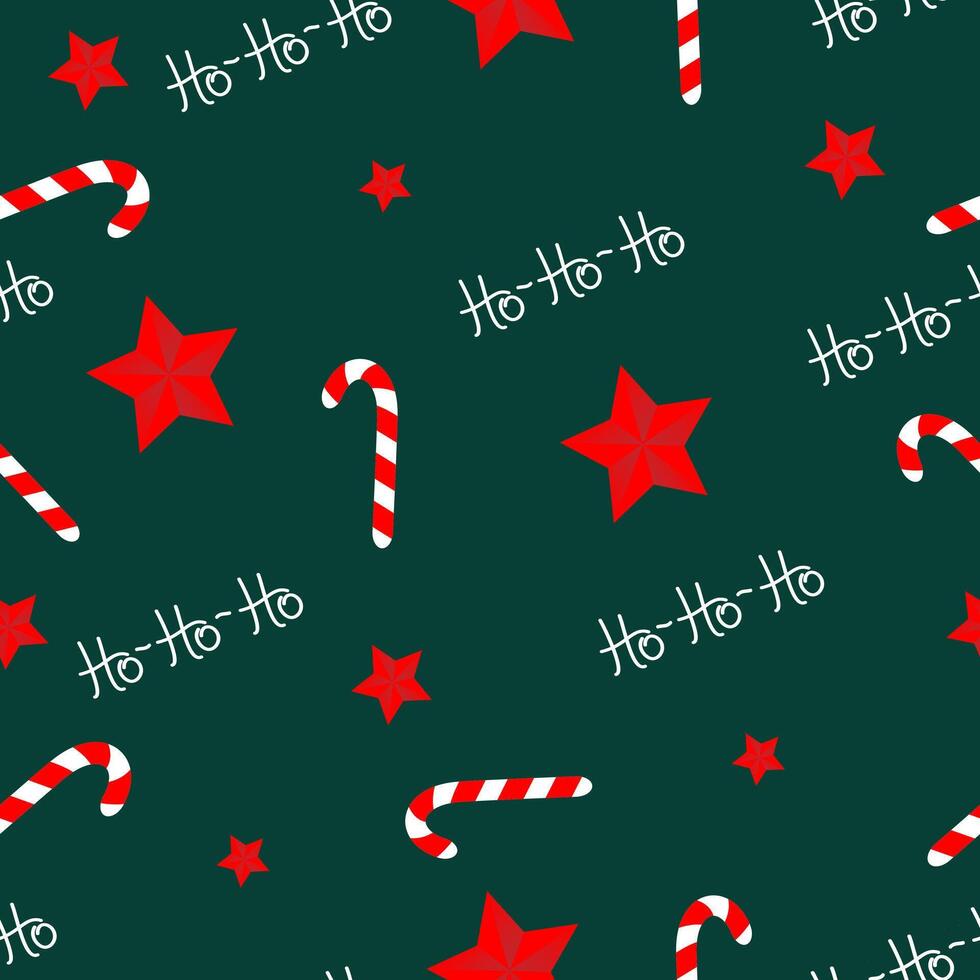 Seamless pattern with red christmas stars, caramel cane on green background. Design for fashion, fabric, textile, packaging paper. vector