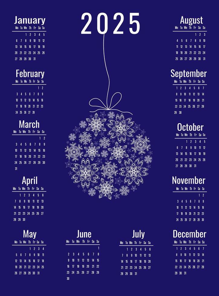 Calendar for 2025, decorated with a composition of snowflakes in the shape of a Christmas ball on blue background. Week starts on Monday. Illustration in vertical format A4, A5. vector