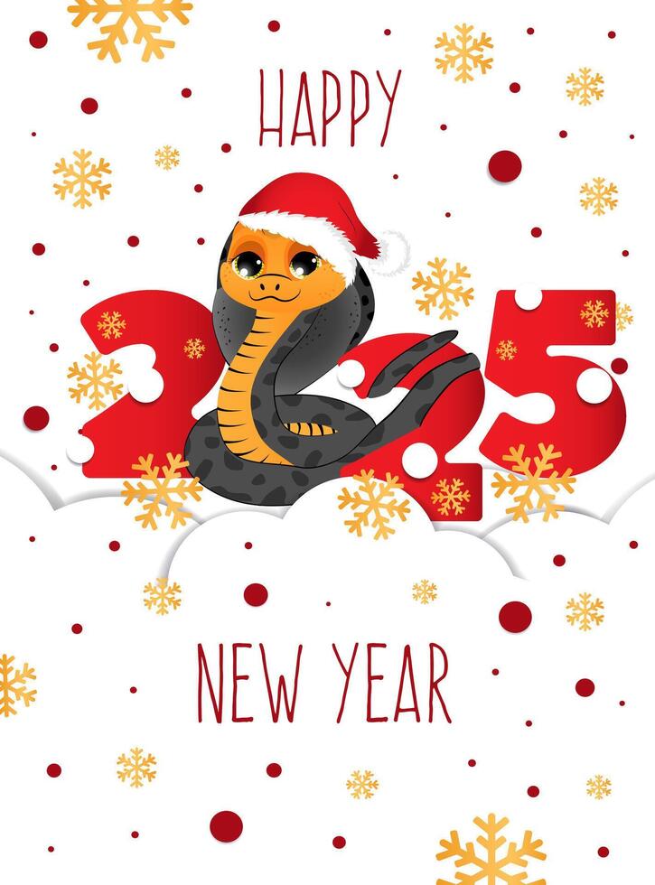 New year greeting card with symbol of the 2025 year. Cute snake on white background. Design for print, social media communication. vector