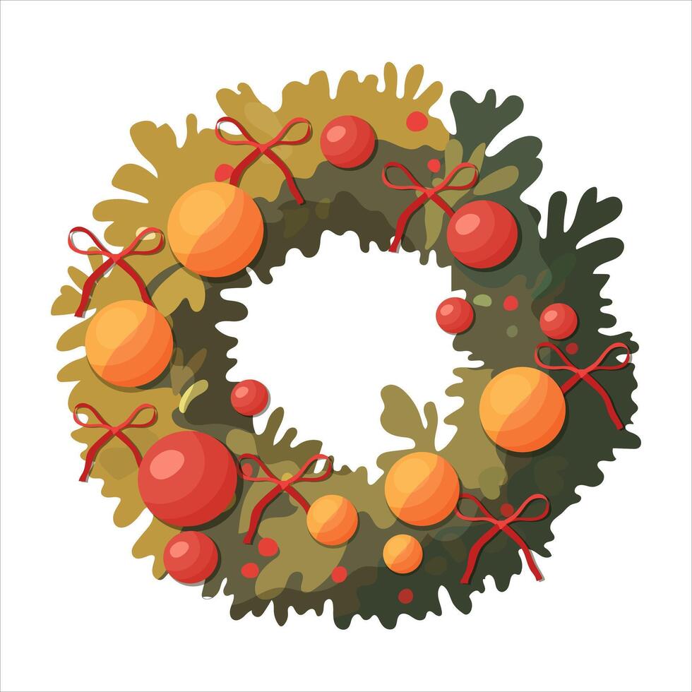 Christmas wreath with orange and red balloons and small bows vector