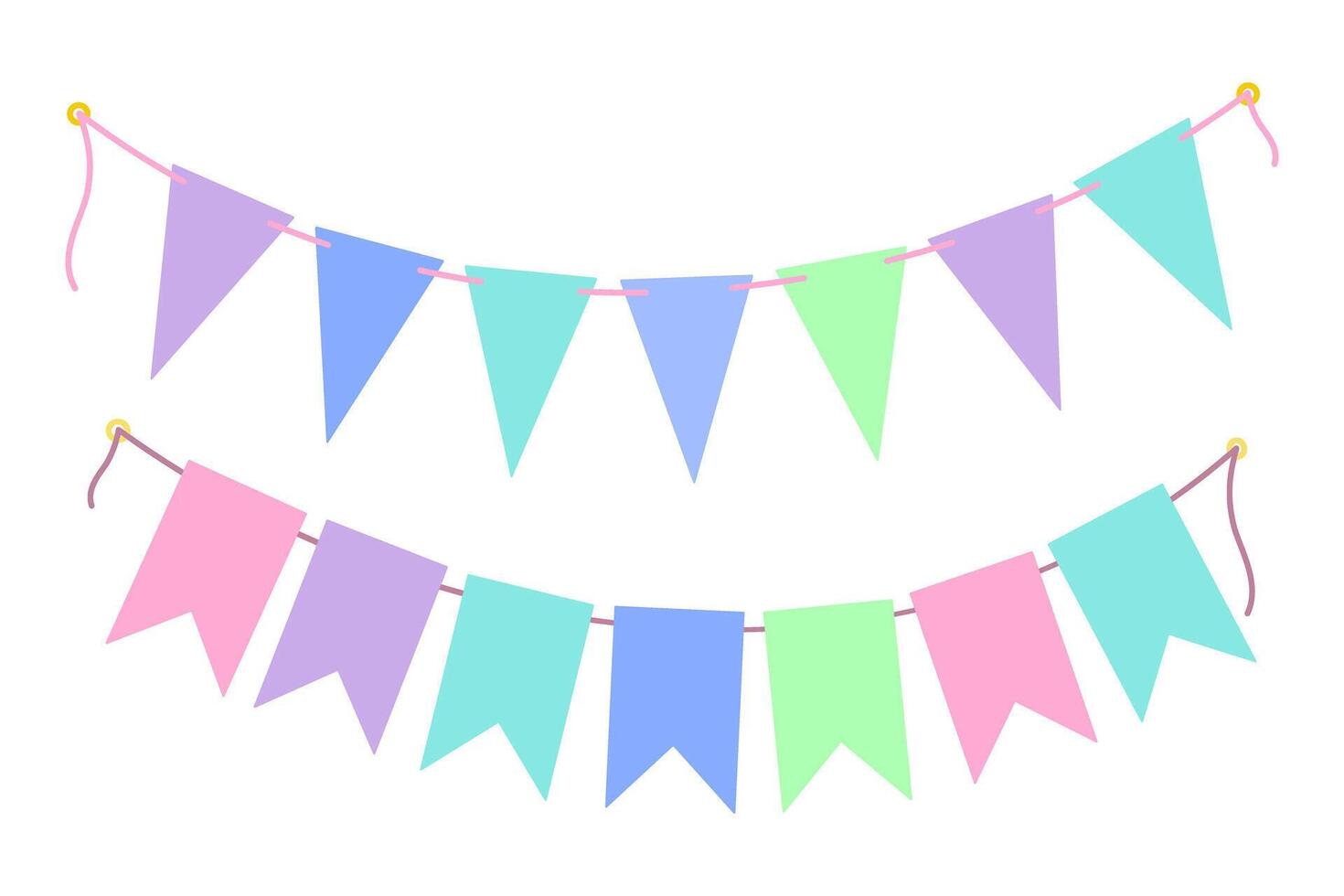 Festive Pennant garland on rope in trendy soft tint Set 2 Birthday Party or any event design element. Isolated illustration Cards, poster, banner, border or web promo, invitations, label, price vector