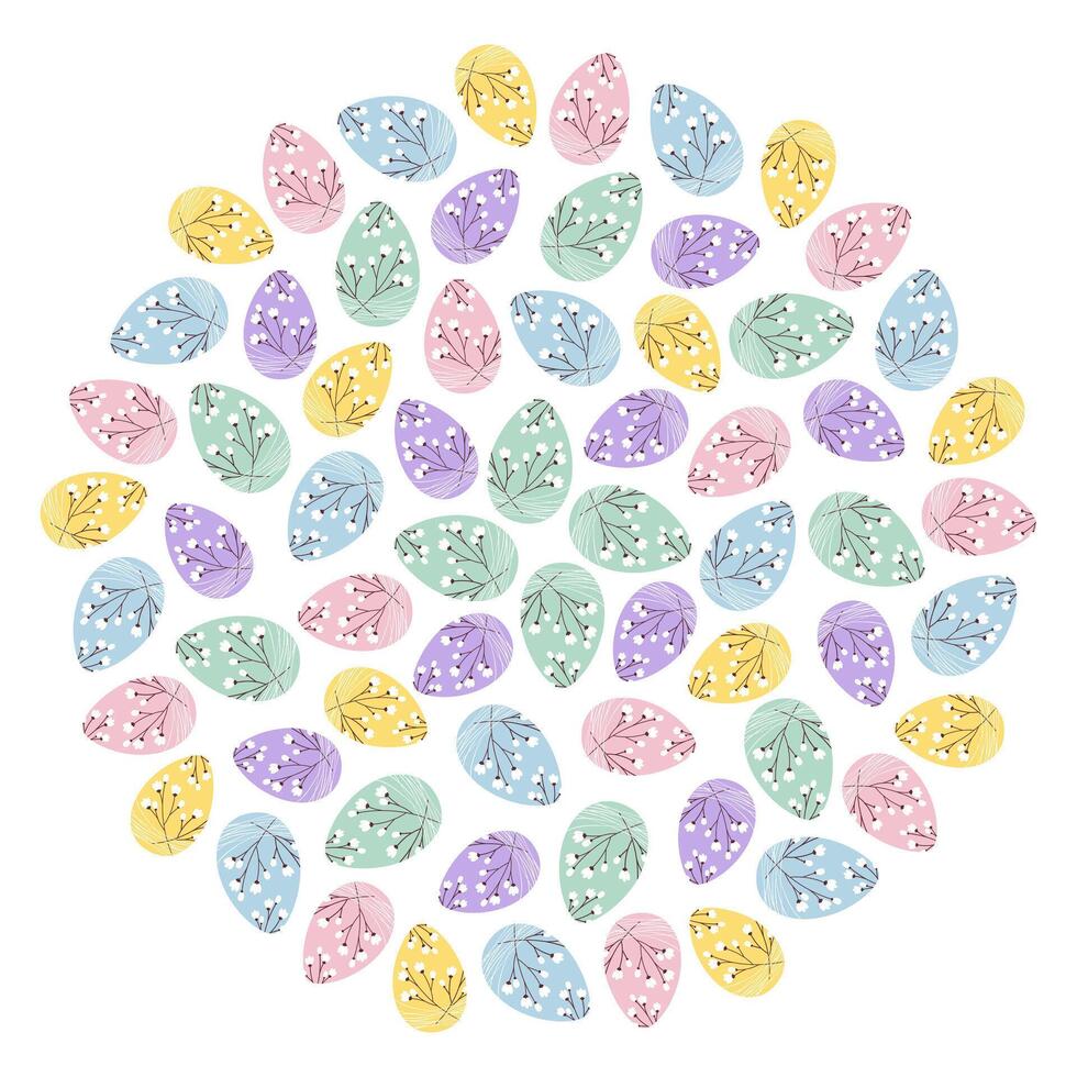Easter eggs decorated blooming twigs and strings Round festive Background Texture. Easter greeting. Isolated illustration Cards, Thematic blogs, posting, banner, leaflet, price tag or web promo vector
