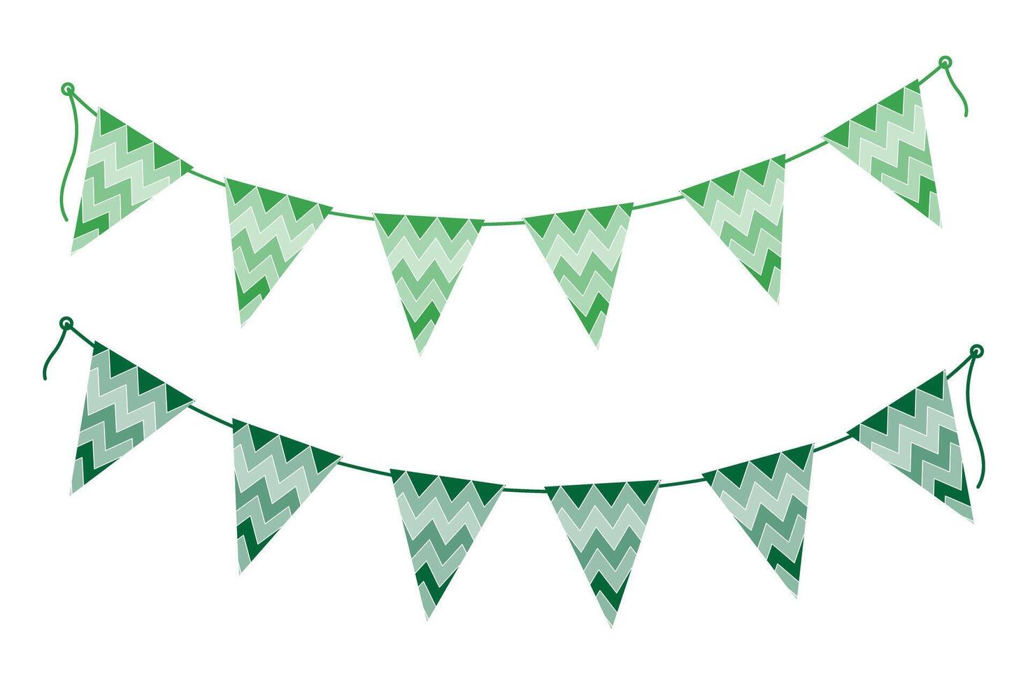 Triangular ornamental pennant garlands on rope in trendy monochrome green. St Patrick Day greeting. Set 2 Isolated illustration Cards, leaflets, banner, label, tags or web promo, media posts vector