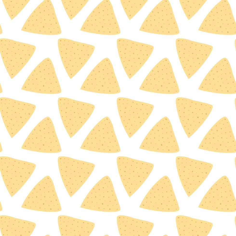 Nachos Tortilla chips Seamless pattern in trendy soft yellow Nachos Day Background texture Wallpaper. Isolated illustration Wrapping or web promo, cards, posters, banners, leaflets or price tag vector