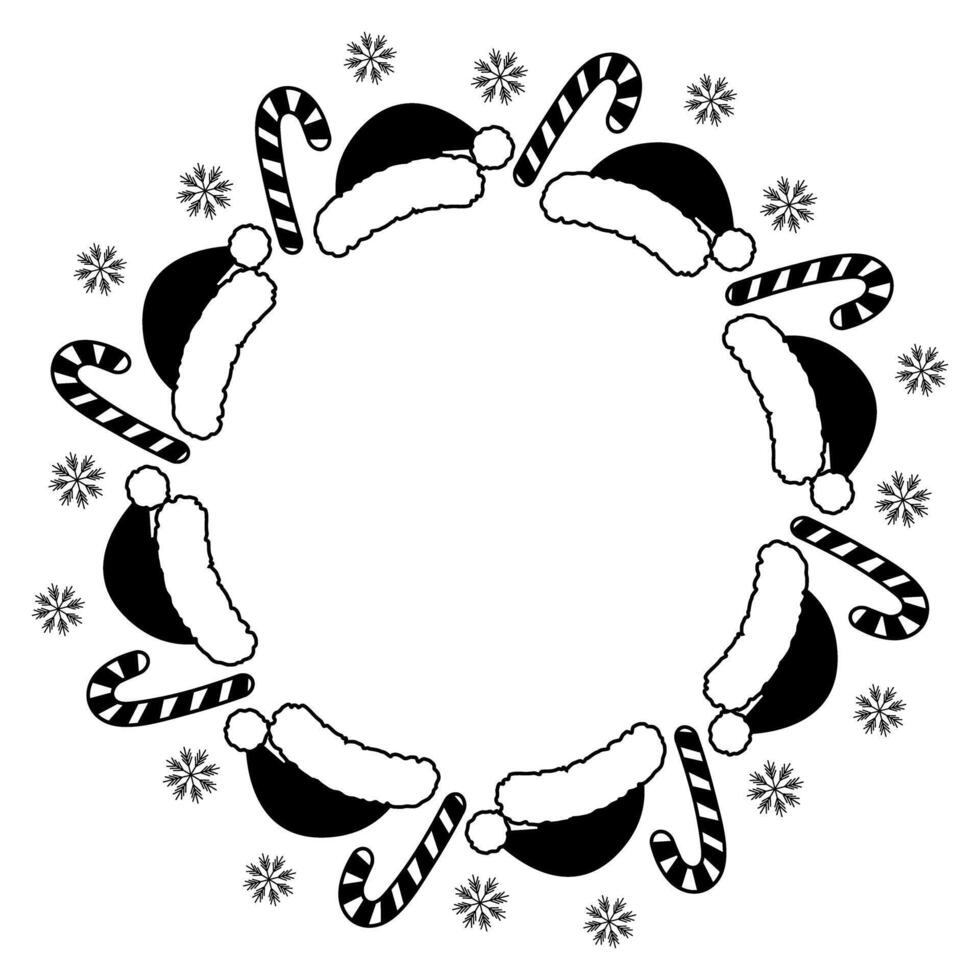 Santa caps, snowflakes and Striped Candy Cane Black and White Round frame border Copy space Template. Isolated illustration Lettering Cards, leaflets, banner, brochures, greetings, label or web vector