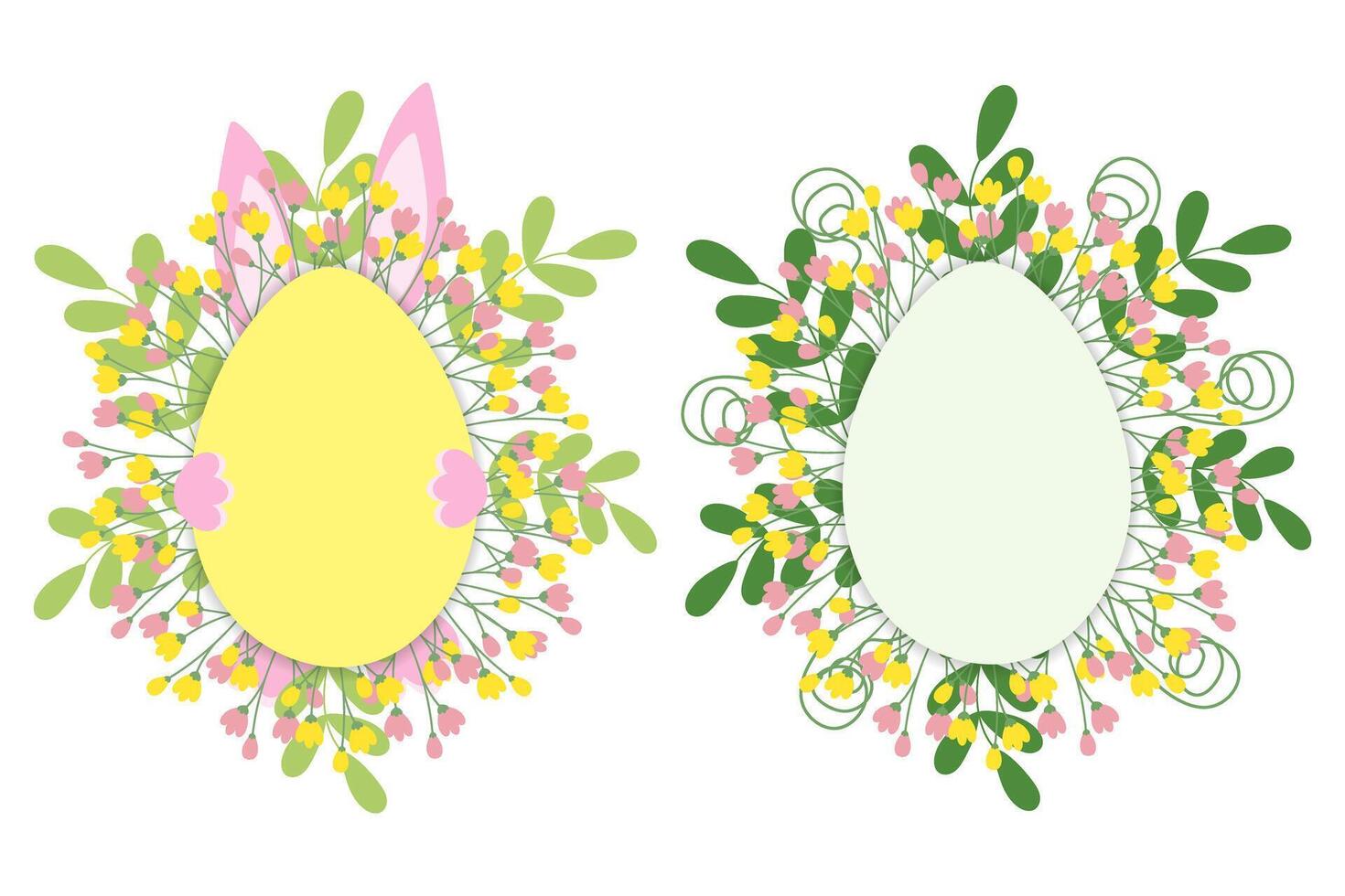 Ester bunny pink ears and paws with Blooming twigs and green leaves Egg shaped Frames Set 2 Template. Copy space. Isolated illustration Thematic Cards, posts, leaflet, banner, tag or web promo vector