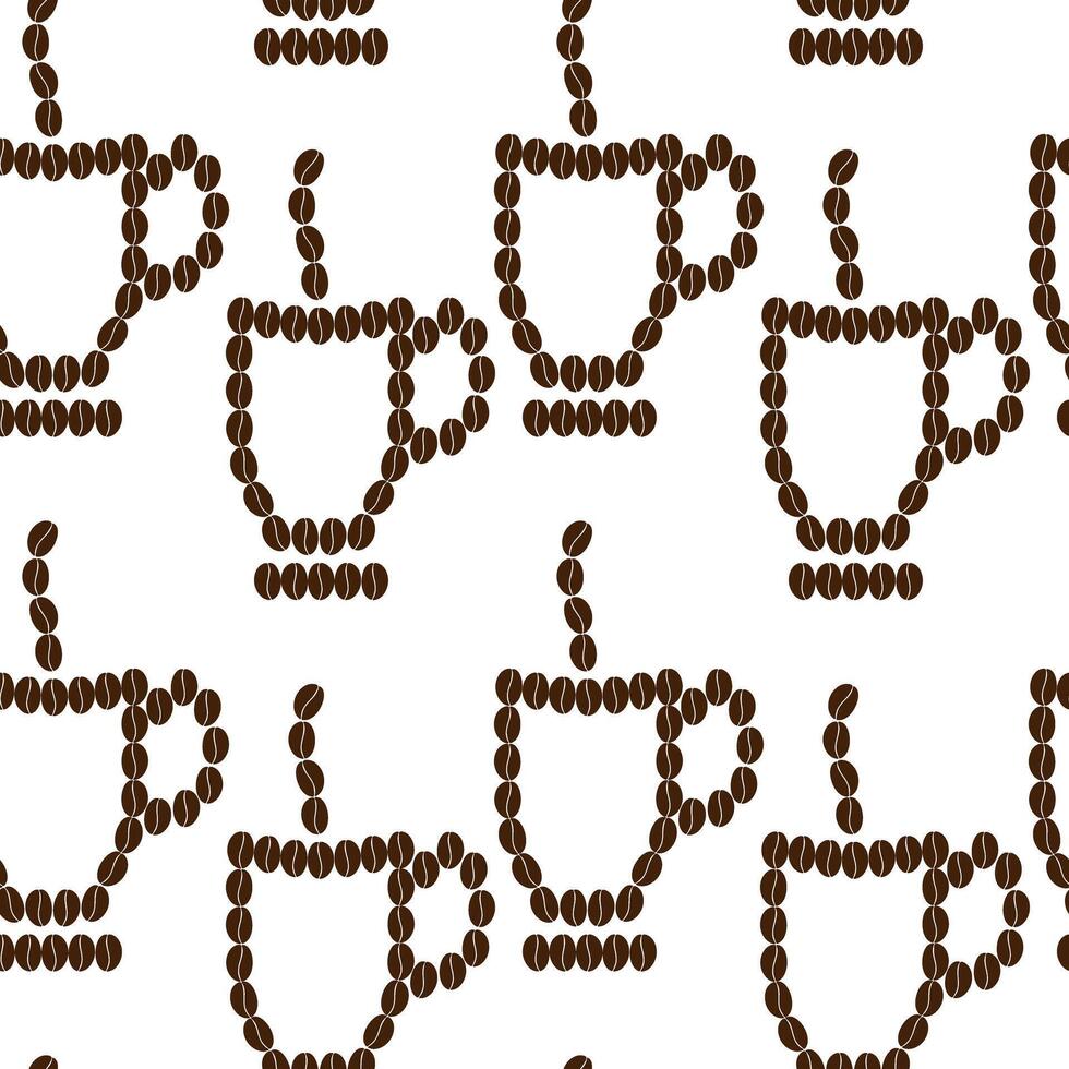 Coffee beans shaped contour cup, steam and saucer Seamless Pattern. Coffee Day greeting background. Isolate illustration Wallpaper, wrapping or web promo, Thematic cards, blogs, media post, tag vector