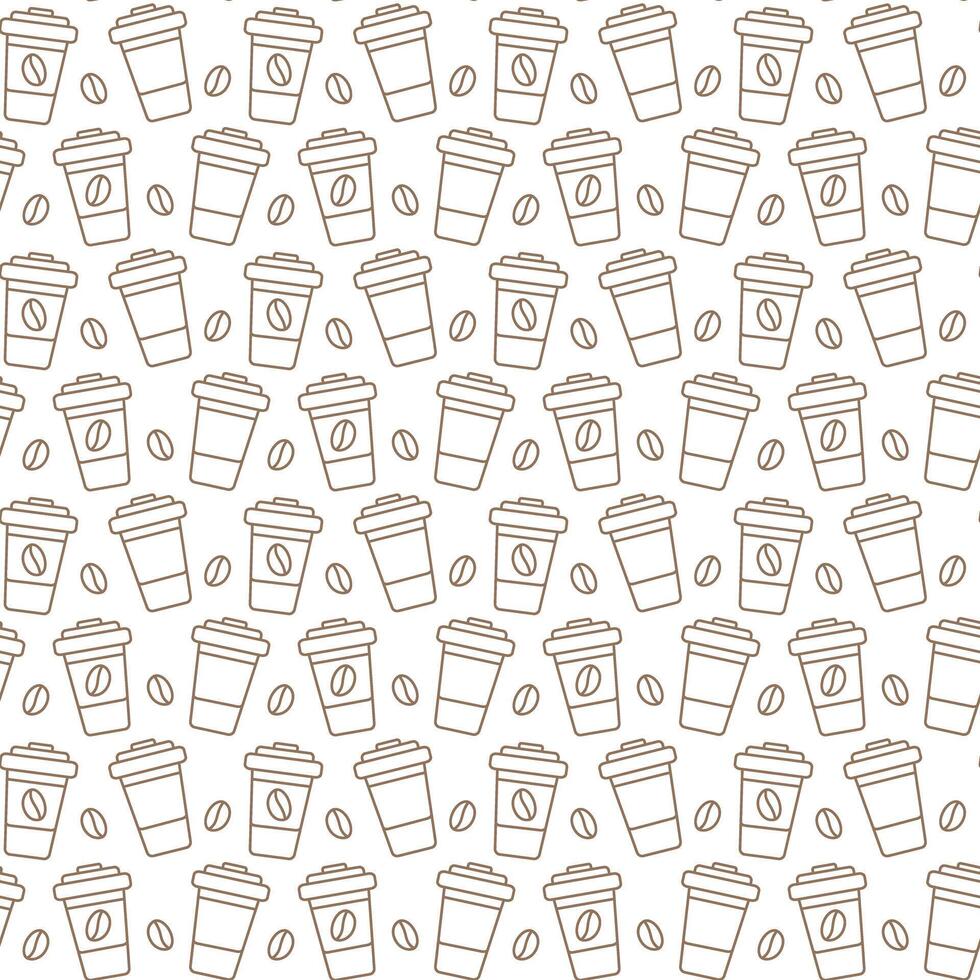Disposable cups with lid and grains Outline Seamless pattern in trendy minimalism. Coffee Day fond. Isolated illustration Wallpaper, wrapping, Greeting cards or web promo, leaflet, banner, tag vector